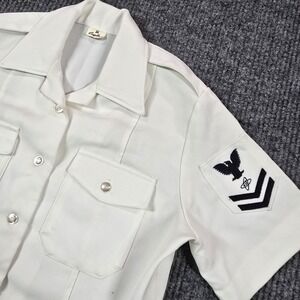 US Navy Dress Shirt Mens 34 White Short Sleeve Uniform Creighton Rank Patch